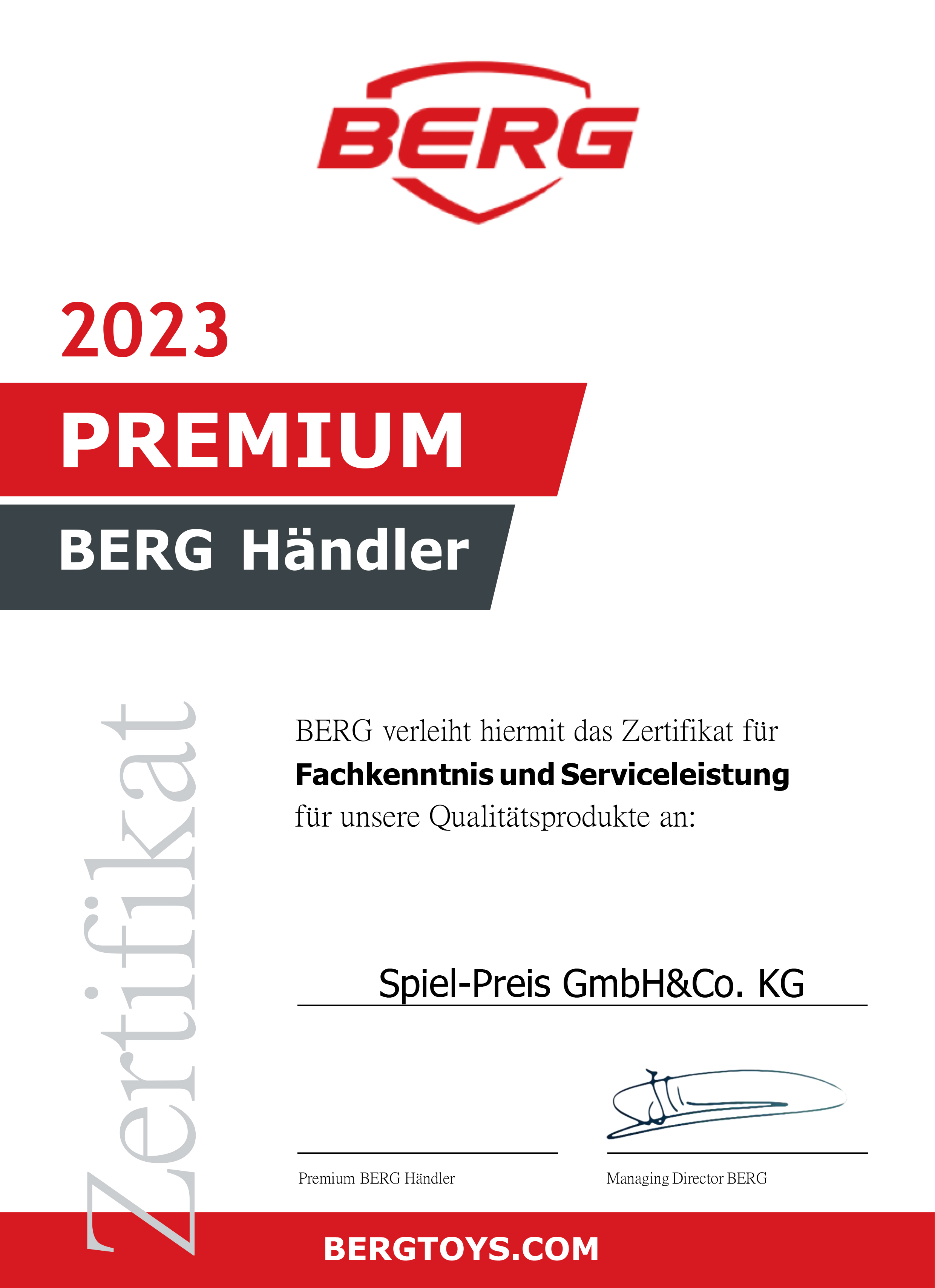 BERG Premium Händler Zertifikat 2021